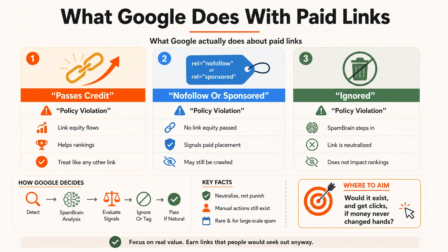 How Google treats paid links: passing ranking credit violates policy, nofollow or sponsored is allowed, and low-quality links are ignored