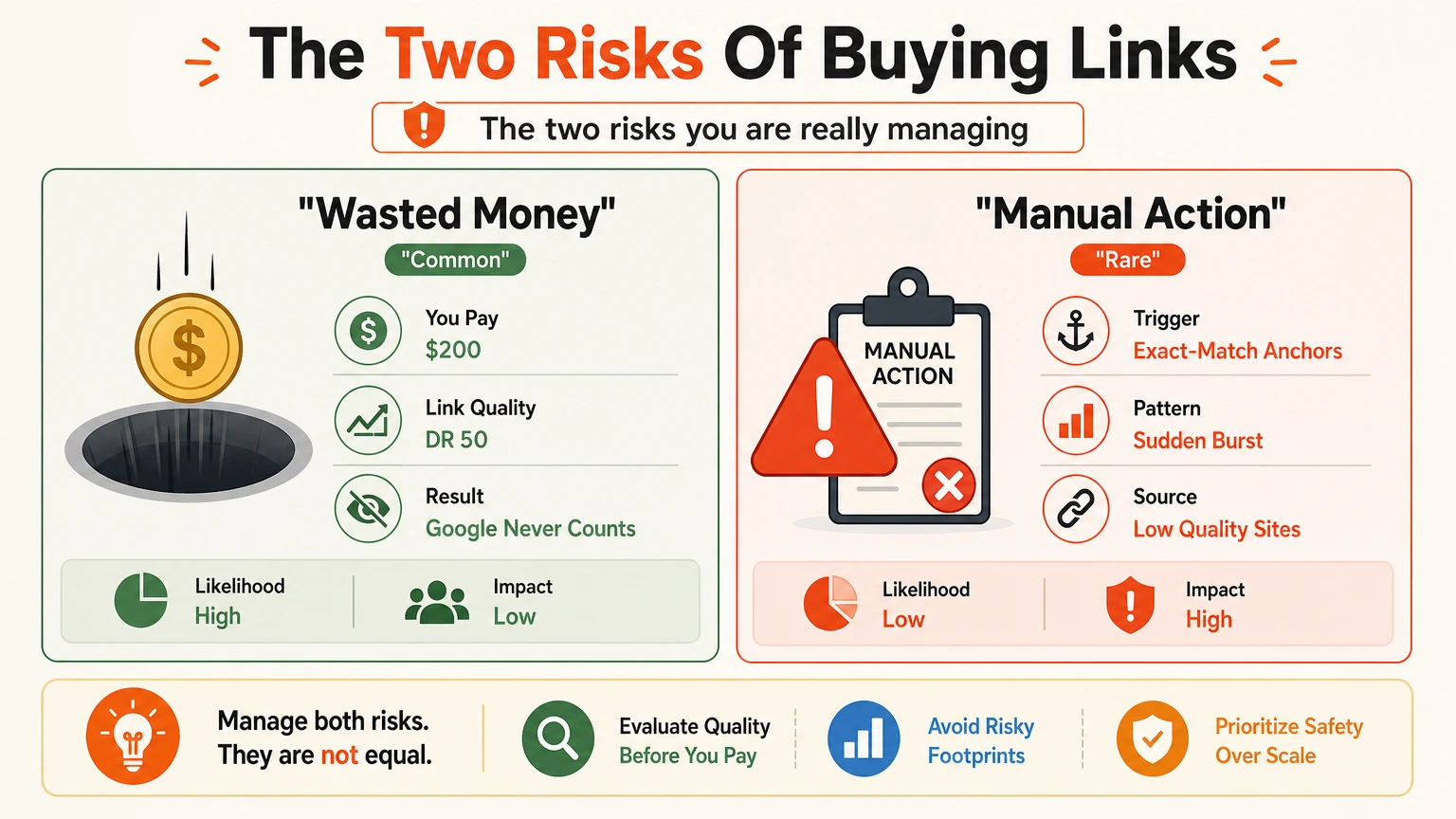 The two risks of buying links: wasted money, which is common, and a manual action, which is rare but severe
