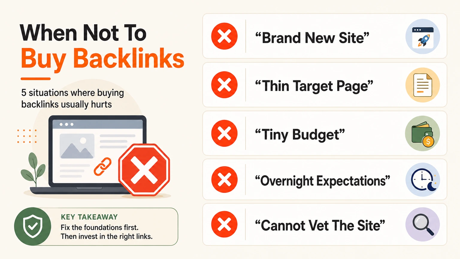 When not to buy backlinks: brand new site, thin target page, tiny budget, overnight expectations, or a site you cannot vet