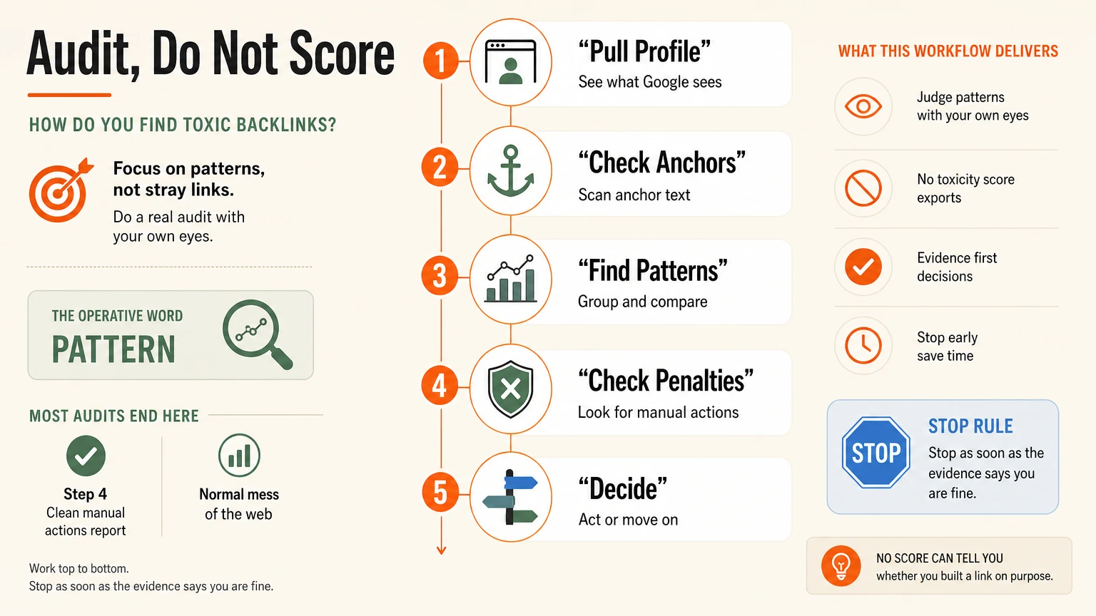 Audit, do not score A five-step backlink audit workflow that replaces a toxicity score with human judgment