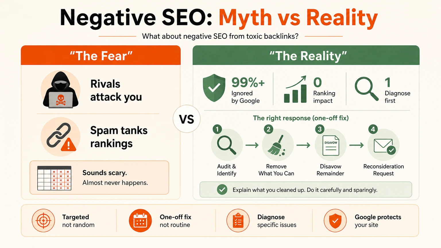 Negative SEO myth vs reality Negative SEO myth versus reality, showing Google usually ignores competitor spam attacks