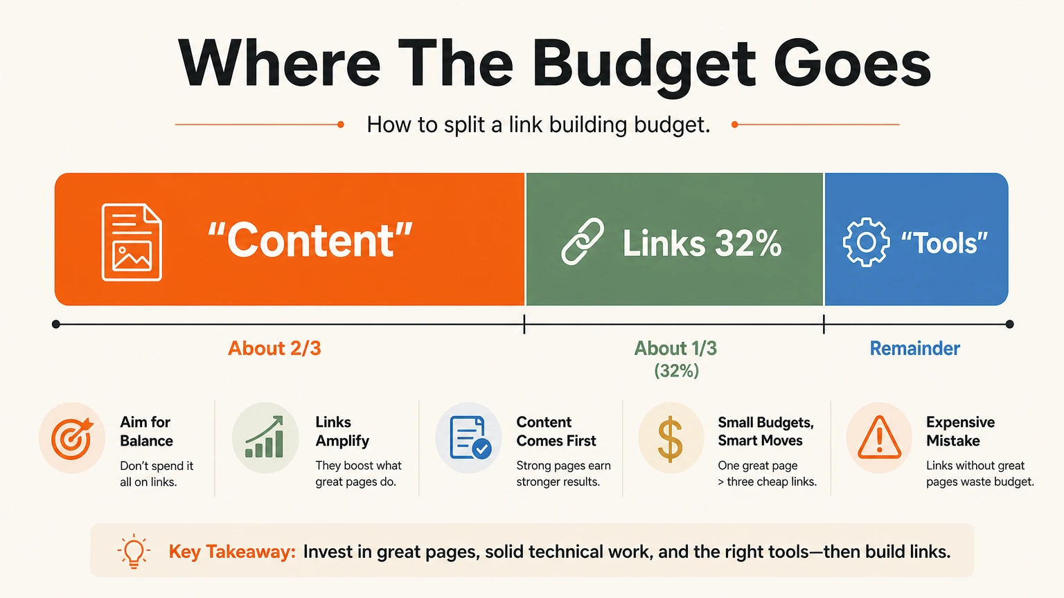 Where the budget goes How to split a link building budget: about a third to links, the rest to content and tools