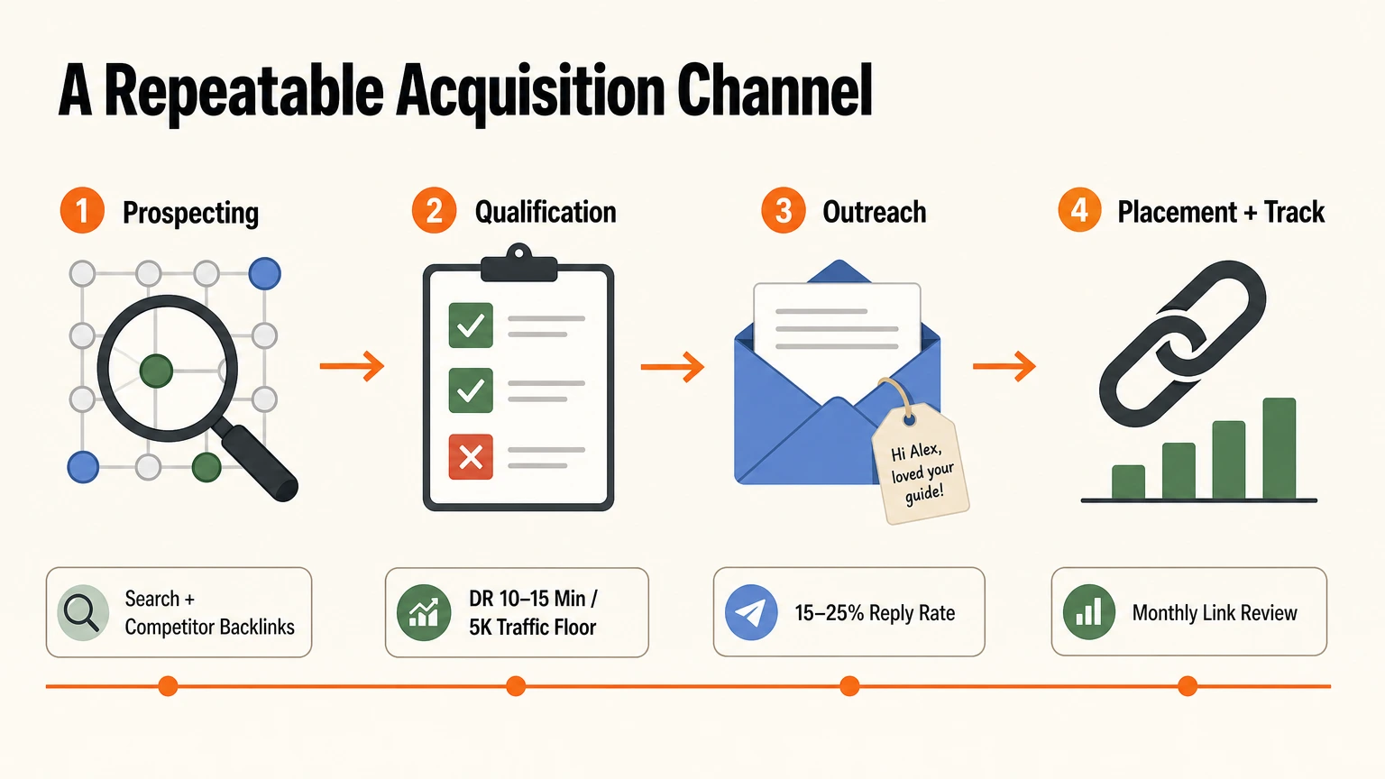 Systemized Link Building Workflow Visual representation of a systemized SEO link building acquisition channel.