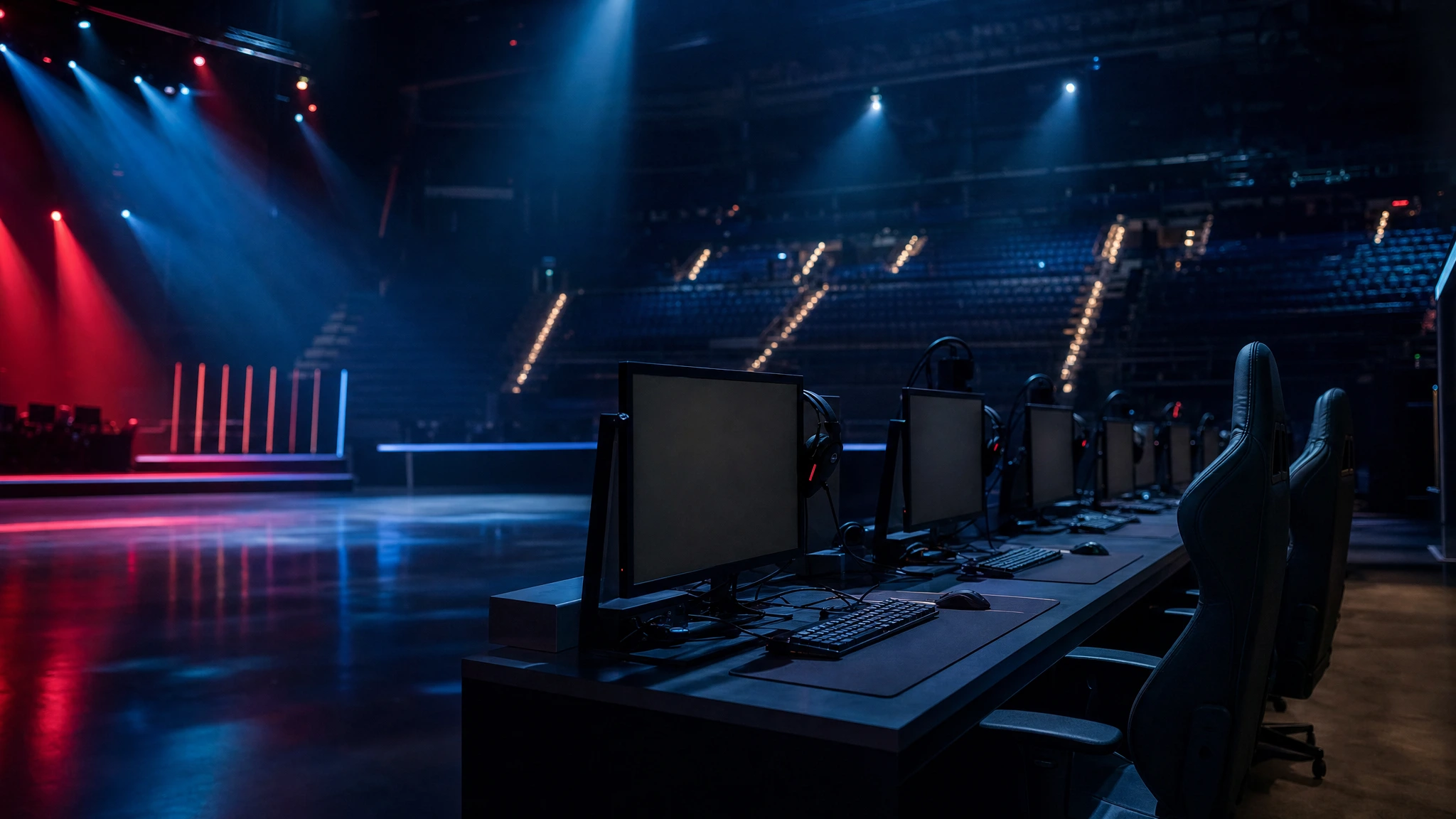Empty esports arena with dramatic stage lighting before a major competition Empty esports arena with dramatic stage lighting before a major competition