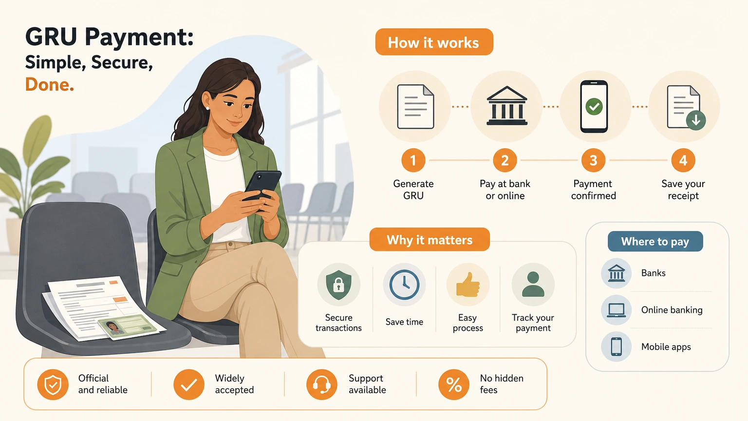 A young Brazilian woman sitting in a government waiting room, checking her smartphone for passport status updates, with documents resting beside her and a softly lit institutional background.